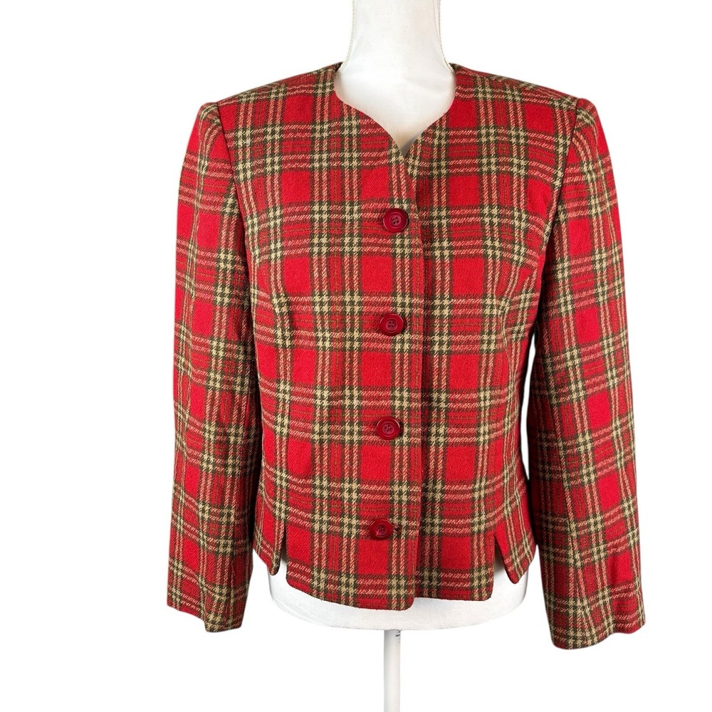 Vtg 90s Requirements Womens Plaid Cropped Jacket Blazer Sz 12‎ Preppy Equestrian
